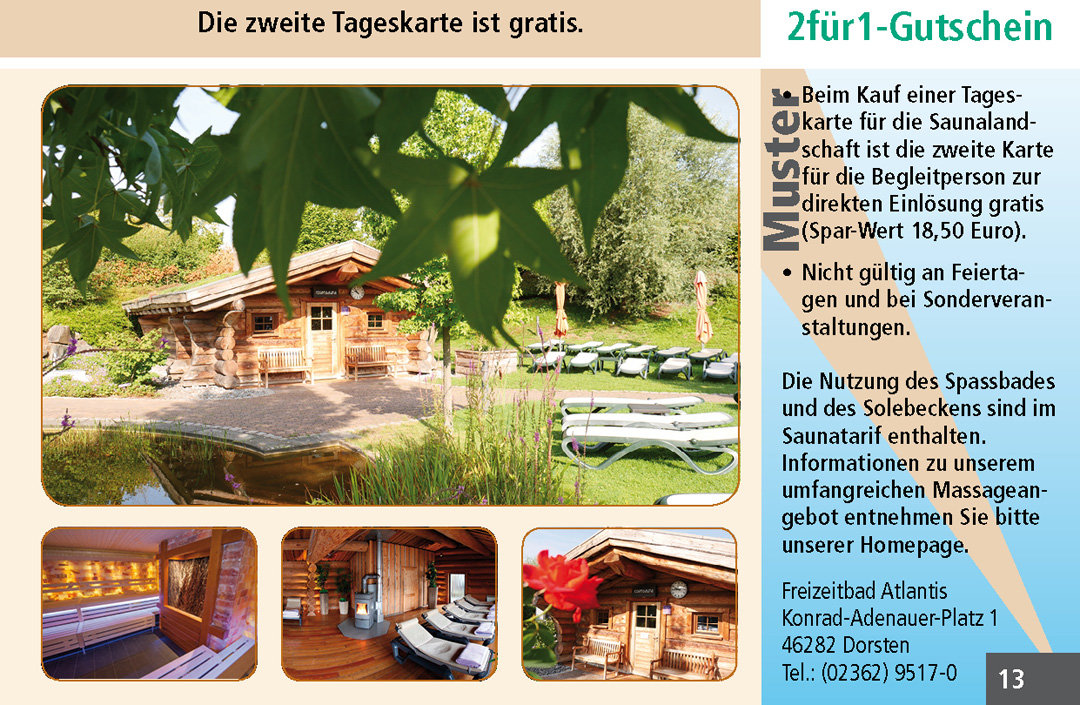 2 für 1 Gutschein Ruhrgebiet Freizeitbad Atlantis DorstenGutschein Sauna Freizeitbad Atlantis