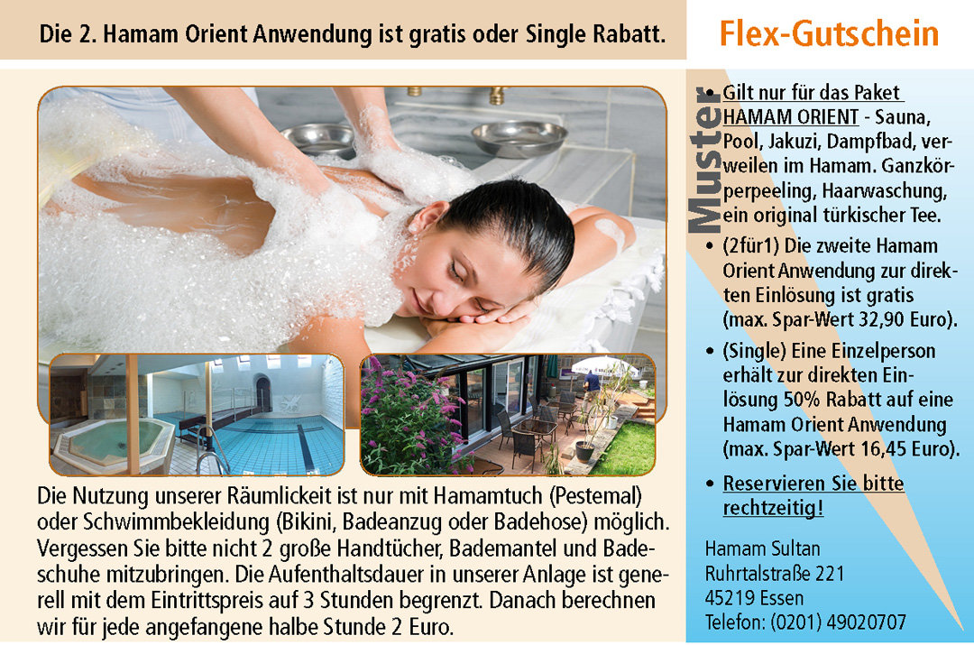 2 für 1 Gutschein Ruhrgebiet Hamam Sultan EssenGutschein Hamam Sultan im Ruhrgebiet