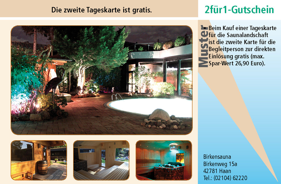 2 für 1 Gutschein-Ruhrgebiet-Sauna-Birkensauna-Haan