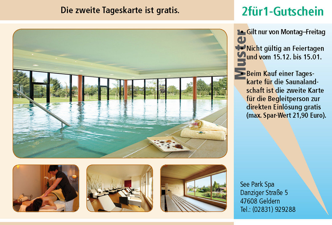 2 für 1 Gutschein-Ruhrgebiet-Sauna-See-Park-Spa-Janssen-Geldern