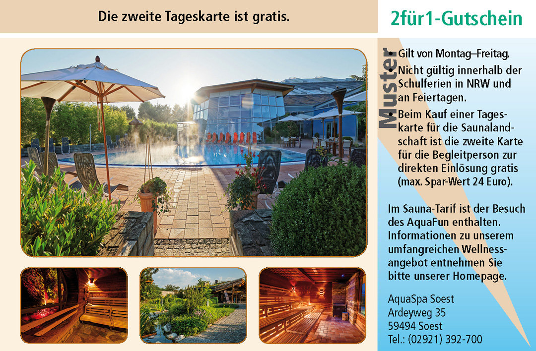 2 für 1 Gutschein-Ruhrgebiet-AquaSpa-Soest