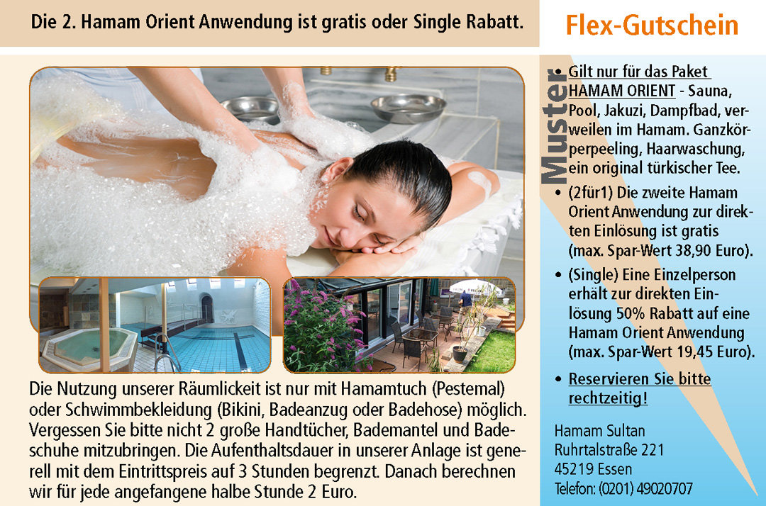 2 für 1 Gutschein Ruhrgebiet Hamam Sultan EssenGutschein Hamam Sultan im Ruhrgebiet