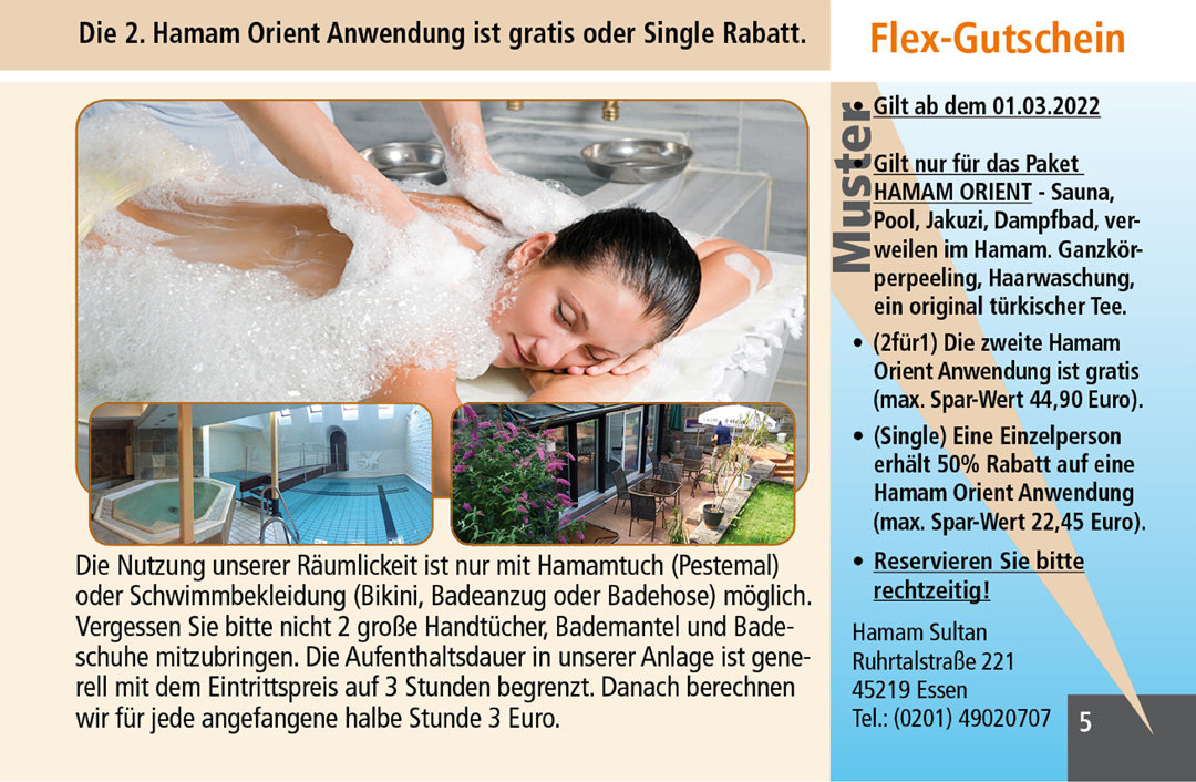2 für 1 Gutschein Ruhrgebiet Hamam Sultan EssenGutschein Hamam Sultan im Ruhrgebiet